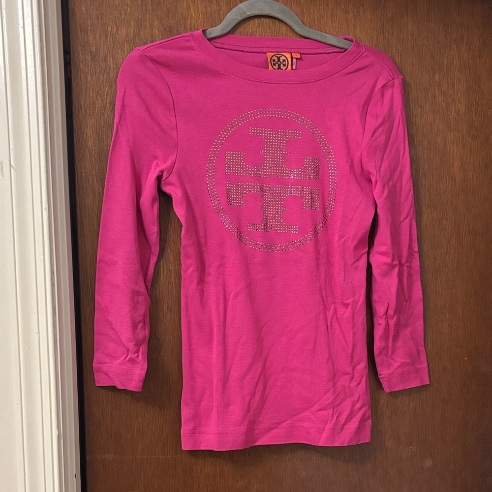 Tory Burch Hot Pink Long Sleeve Logo Rhinestone Tee